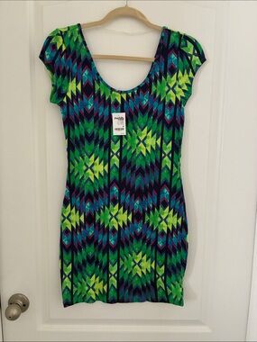 Charlotte Russe Neon Green & Blue Geometric Mini Dress